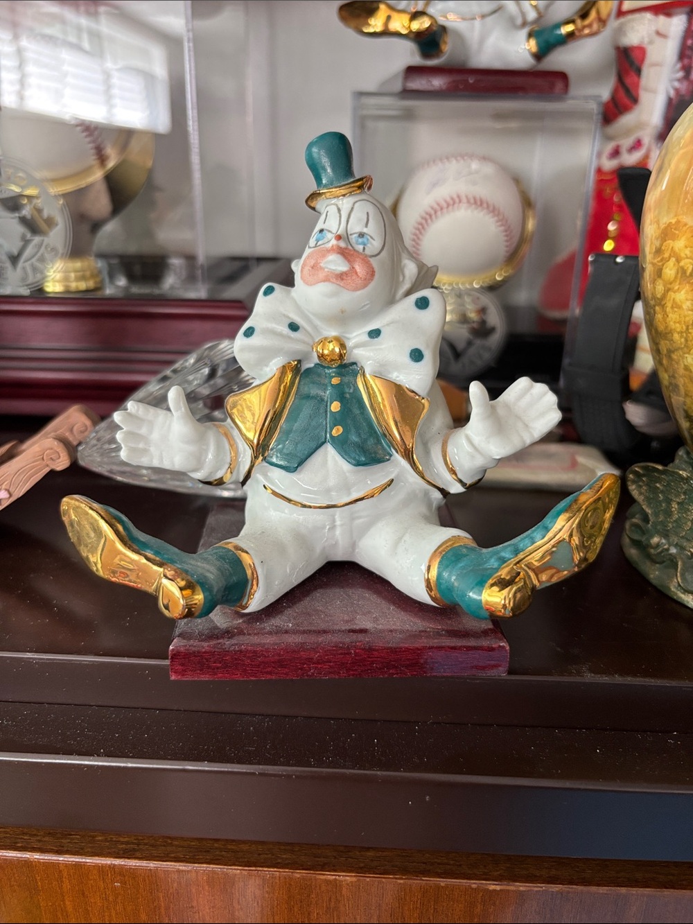 Ceramic Clown Figurine in White, Teal & Gold